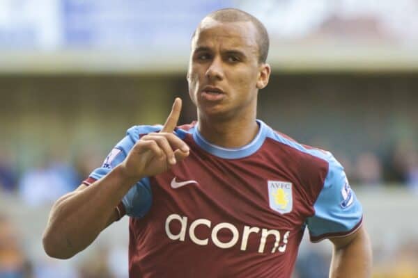 WOLVERHAMPTON, ENGLAND - Saturday, October 24, 2009: Aston Villa's Gabriel Agbonlahor celebrates the opening goal against Wolverhampton Wanderers during the Premiership match at Molineux. (Photo by David Rawcliffe/Propaganda)