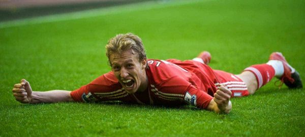 LIVERPOOL, ENGLAND - Sunday, October 25, 2009: Liverpool's Lucas Leiva celebrates his side's second goal deep in injury time against Manchester United during the Premiership match at Anfield. (Photo by David Rawcliffe/Propaganda)