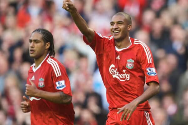 LIVERPOOL, ENGLAND - Sunday, October 25, 2009: Liverpool's David Ngog celebrates scoring his side's second goal deep in injury time against Manchester United during the Premiership match at Anfield. (Photo by David Rawcliffe/Propaganda)