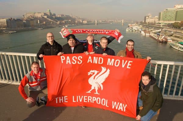 BUDAPEST, HUNGARY - Tuesday, November 24, 2009: Liverpool's supporters from Belgium in Budapest ahead of the UEFA Champions League Group E match against Debreceni VSC. L-R: Kut, Bert, Dirk, Marc, Mike, Nico, Steve (Northern Ireland). (Pic by David Rawcliffe/Propaganda)