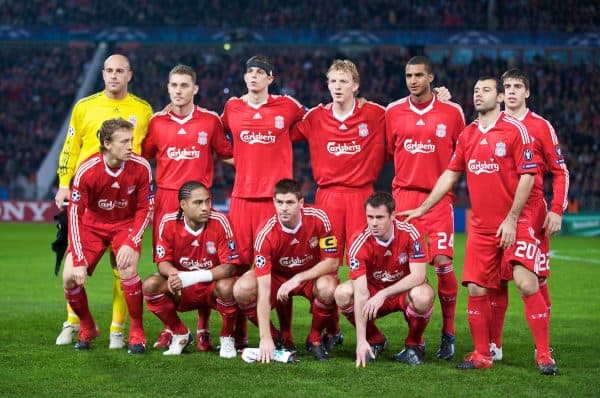 BUDAPEST, HUNGARY - Tuesday, November 24, 2009: Liverpool's players line-up for a team-group photograph before the UEFA Champions League Group E match against Debreceni VSC at the Ferenc Puskas Stadium. Back row L-R: goalkeeper Pepe Reina, Fabio Aurelio, Daniel Agger, Dirk Kuyt, David Ngog, Emiliano Insua, Front row L-R: Lucas Leiva, Glen Johnson, captain Steven Gerrard MBE, Jamie Carragher, Javier Mascherano. (Pic by David Rawcliffe/Propaganda)