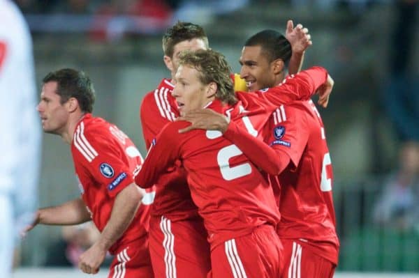 BUDAPEST, HUNGARY - Tuesday, November 24, 2009: Liverpool's David Ngog celebrates scoring the opening goal against Debreceni during the UEFA Champions League Group E match at the Ferenc Puskas Stadium. (Pic by David Rawcliffe/Propaganda)