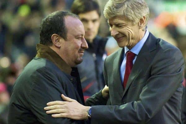 LIVERPOOL, ENGLAND - Sunday, December 13, 2009: Liverpool's manager Rafael Benitez and Arsenal's manager Arsene Wenger during the Premiership match at Anfield. (Photo by: David Rawcliffe/Propaganda)