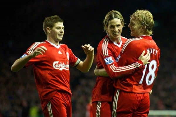 LIVERPOOL, ENGLAND - Sunday, December 13, 2009: Liverpool's Dirk Kuyt celebrates scoring the opening goal with team-mates captain Steven Gerrard MBE and Fernando Torres against Arsenal during the Premiership match at Anfield. (Photo by: David Rawcliffe/Propaganda)