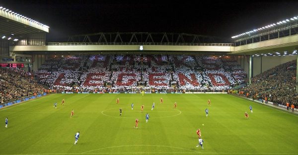 LIVERPOOL, ENGLAND - Wednesday, December 16, 2009: Liverpool's supporters on the Spion Kop create a mosaic reading 'SHANKS THE LEGEND" to mark the 50th anniversary of manager Bill Shankly's arrival at the club; before the Premiership match against Wigan Athletic at Anfield. (Photo by: David Tickle/Propaganda)