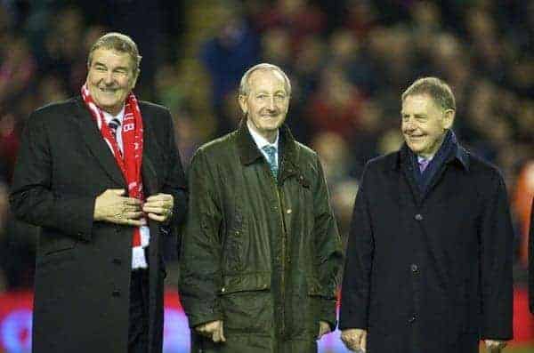 LIVERPOOL, ENGLAND - Wednesday, December 16, 2009: Former Liverpool captain Ron Yeats, joins Gerry Byrne and Gordon Milne on a parade of Liverpool Legends on the pitch at Anfield to commemorate 50 years since the appointment of the late, great Bill Shankly as manager of Liverpool Football Club. (Photo by: David Rawcliffe/Propaganda)