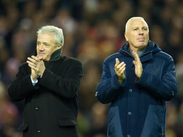 LIVERPOOL, ENGLAND - Wednesday, December 16, 2009: Former Liverpool players Kevin Keegan and Steve Heighway join the parade of Liverpool Legends on the pitch at Anfield to commemorate 50 years since the appointment of the late, great Bill Shankly as manager of Liverpool Football Club. (Photo by: David Rawcliffe/Propaganda)