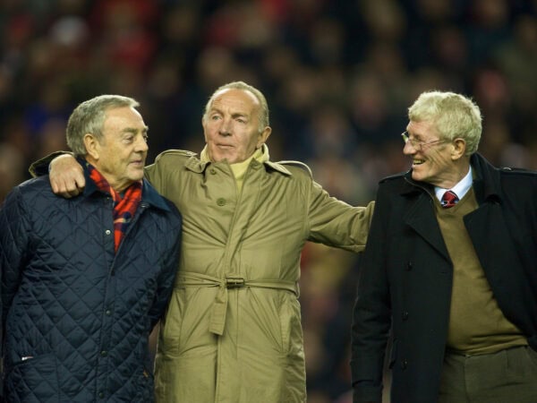 LIVERPOOL, ENGLAND - Wednesday, December 16, 2009: Former Liverpool players Ian St John, Peter Thompson and Willie Stevenson join the parade of Liverpool Legends on the pitch at Anfield to commemorate 50 years since the appointment of the late, great Bill Shankly as manager of Liverpool Football Club. (Photo by: David Rawcliffe/Propaganda)