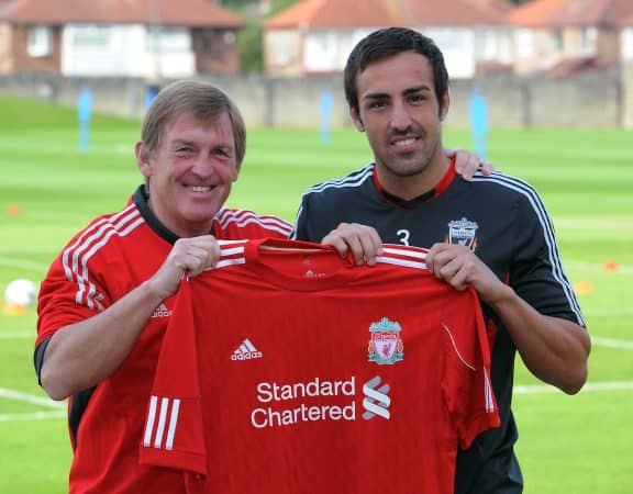 LIVERPOOL, ENGLAND - Thursday, August 18, 2011: Liverpool's new signing Jose Enrique with manager Kenny Dalglish during a photo call at the club's Melwood Training Ground. (Pic by Pool/Liverpool FC/Propaganda)