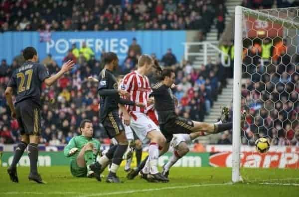 STOKE, ENGLAND - Saturday, January 16, 2010: Liverpool's Sotirios Kyrgiakos scores the opening goal against Stoke City during the Premiership match at the Britannia Stadium. (Photo by David Rawcliffe/Propaganda)