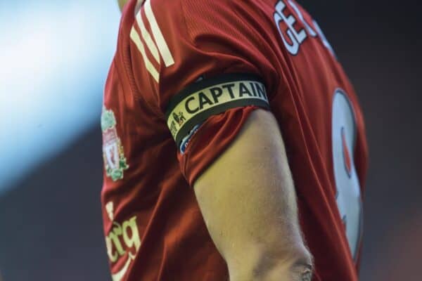 LIVERPOOL, ENGLAND - Saturday, January 30, 2010: Liverpool's captain Steven Gerrard MBE wearing the captain's armband during the Premiership match against Bolton Wanderers at Anfield. (Photo by: David Rawcliffe/Propaganda)