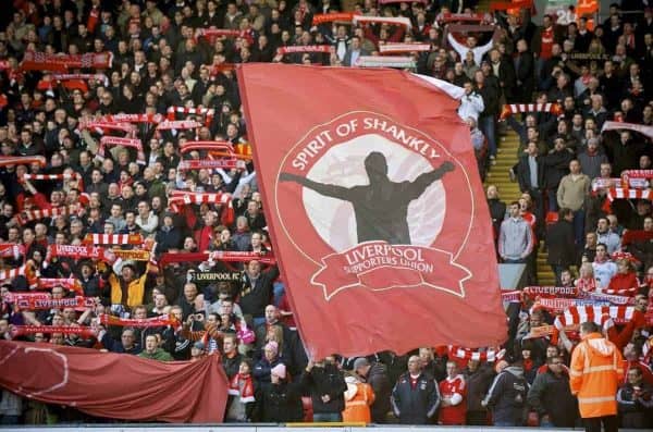 LIVERPOOL, ENGLAND - Saturday, February 6, 2010: A banner featuring the Liverpool supporters union Spirit of Shankly during the Premiership match at Anfield. The 213th Merseyside Derby. (Photo by: David Rawcliffe/Propaganda)