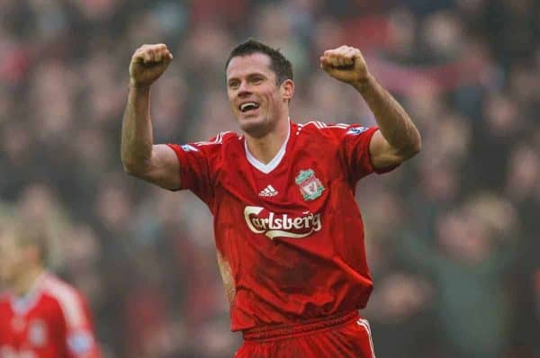 LIVERPOOL, ENGLAND - Saturday, February 6, 2010: Liverpool's Jamie Carragher celebrates after a hard fought victory over bitter rivals Everton during the Premiership match at Anfield. The 213th Merseyside Derby. (Photo by: David Rawcliffe/Propaganda)