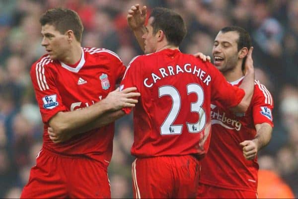 LIVERPOOL, ENGLAND - Saturday, February 6, 2010: Liverpool's captain Steven Gerrard MBE, Jamie Carragher and Javier Mascherano celebrate after a hard fought victory over bitter rivals Everton during the Premiership match at Anfield. The 213th Merseyside Derby. (Photo by: David Rawcliffe/Propaganda)