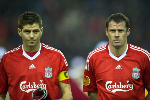 LIVERPOOL, ENGLAND - Thursday, February 18, 2010: Liverpool's captain Steven Gerrard MBE and Jamie Carragher before the UEFA Europa League Round of 32 1st Leg match against AFC Unirea Urziceni at Anfield. (Photo by: David Rawcliffe/Propaganda)