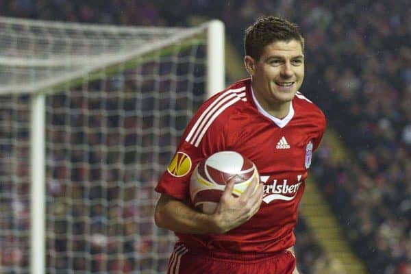 LIVERPOOL, ENGLAND - Thursday, February 18, 2010: Liverpool's captain Steven Gerrard MBE in action against AFC Unirea Urziceni during the UEFA Europa League Round of 32 1st Leg match at Anfield. (Photo by: David Rawcliffe/Propaganda)