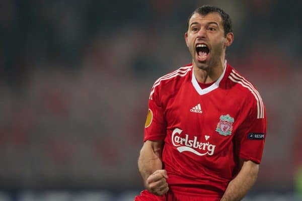 BUCHAREST, ROMANIA - Thursday, February 25, 2010: Liverpool's Javier Mascherano celebrates scoring the equalising first goal against FC Unirea Urziceni during the UEFA Europa League Round of 32 2nd Leg match at the Steaua Stadium. (Photo by David Rawcliffe/Propaganda)