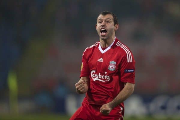 BUCHAREST, ROMANIA - Thursday, February 25, 2010: Liverpool's Javier Mascherano celebrates scoring the equalising first goal against FC Unirea Urziceni during the UEFA Europa League Round of 32 2nd Leg match at the Steaua Stadium. (Photo by David Rawcliffe/Propaganda)