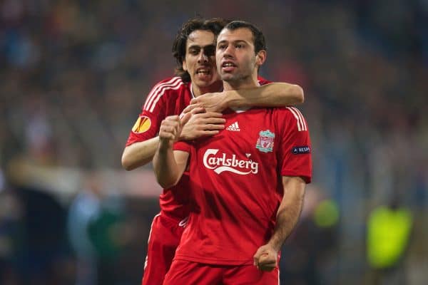  Liverpool's Javier Mascherano celebrates scoring the equalising first goal against FC Unirea Urziceni with team-mate Yossi Benayoun during the UEFA Europa League Round of 32 2nd Leg match at the Steaua Stadium. (Photo by David Rawcliffe/Propaganda)