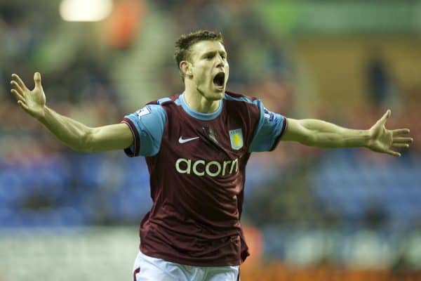 WIGAN, ENGLAND - Tuesday, March 16, 2010: Aston Villa's James Milner celebrates scoring the second goal against Wigan Athletic during the Premiership match at the DW Stadium. (Photo by David Rawcliffe/Propaganda)