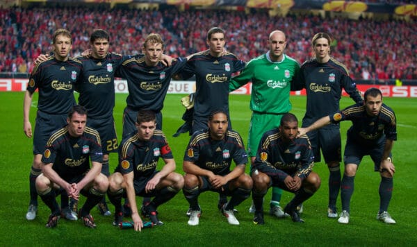 LISBON, PORTUGAL - Thursday, April 1, 2010: Liverpool players line-up for a team group photograph before the UEFA Europa League Quarter-Final 1st Leg match against Sport Lisboa e Benfica at the Estadio da Luz. Back row L-R: Lucas Leiva, Emiliano Insua, Dirk Kuyt, Daniel Agger, goalkeeper Pepe Reina, Fernando Torres. Front row L-R: Jamie Carragher, captain Steven Gerrard MBE, Glen Johnson, Ryan Babel, Javier Mascherano. (Pic by David Rawcliffe/Propaganda)