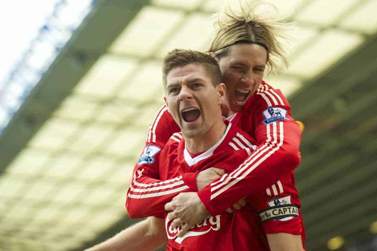 BIRMINGHAM, ENGLAND - Sunday, April 4, 2010: Liverpool's captain Steven Gerrard MBE celebrates scoring the opening goal against Birmingham City with team-mate Fernando Torres during the Premiership match at St Andrews. (Photo by David Rawcliffe/Propaganda)