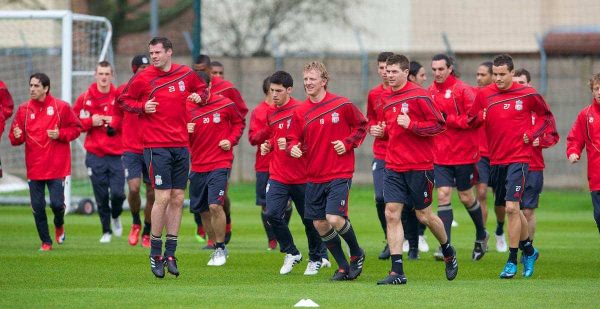 LIVERPOOL, ENGLAND - Wednesday, April 7, 2010: Liverpool's captain Steven Gerrard MBE and Dirk Kuyt lead their side during training at Melwood Training Ground ahead of the UEFA Europa League Quarter-Final 2nd Leg match against SL Benfica. (Pic by David Rawcliffe/Propaganda)