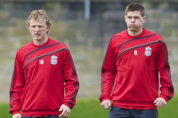 LIVERPOOL, ENGLAND - Wednesday, April 7, 2010: Liverpool's Dirk Kuyt and captain Steven Gerrard MBE during training at Melwood Training Ground ahead of the UEFA Europa League Quarter-Final 2nd Leg match against SL Benfica. (Pic by David Rawcliffe/Propaganda)