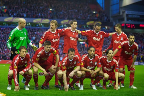 LIVERPOOL, ENGLAND - Thursday, April 8, 2010: Liverpool players line-up for a team-group photograph before the UEFA Europa League Quarter-Final 2nd Leg match against Sport Lisboa e Benfica at Anfield.  Back row L-R: goalkeeper Pepe Reina, Dirk Kuyt, Daniel Agger, Sotirios Kyrgiakos, Fernando Torres. Front row L-R: Lucas Leiva, captain Steven Gerrard MBE, Jamie Carragher, Glen Johnson, Yossi Benayoun, Javier Mascherano. (Photo by: David Rawcliffe/Propaganda)