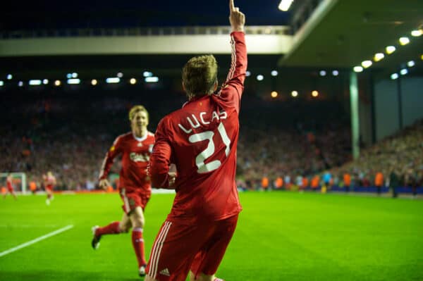 LIVERPOOL, ENGLAND - Thursday, April 8, 2010: Liverpool's Lucas Leiva celebrates scoring his side's second goal against Sport Lisboa e Benfica; a finish team-mate Fernando Torres would have been pround of, during the UEFA Europa League Quarter-Final 2nd Leg match at Anfield. (Photo by: David Rawcliffe/Propaganda)