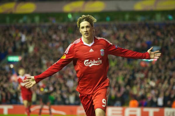 LIVERPOOL, ENGLAND - Thursday, April 8, 2010: Liverpool's Fernando Torres celebrates scoring his second goal, his side's fourth, against Sport Lisboa e Benfica during the UEFA Europa League Quarter-Final 2nd Leg match at Anfield. (Photo by: David Rawcliffe/Propaganda)