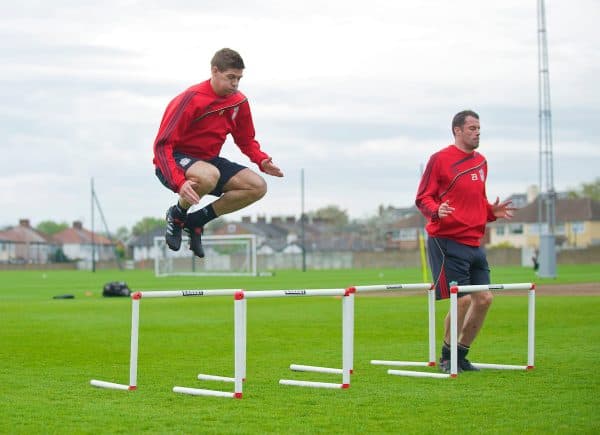 LIVERPOOL, ENGLAND - Wednesday, April 28, 2010: Liverpool's captain Steven Gerrard MBE and Jamie Carragher during training at Melwood Training Ground ahead of the UEFA Europa League Semi-Final 2nd Leg match against Club Atletico de Madrid. (Pic by David Rawcliffe/Propaganda)