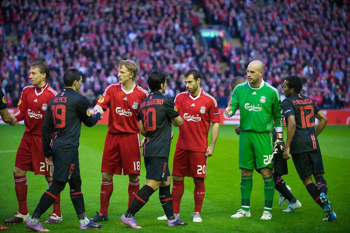 LIVERPOOL, ENGLAND - Thursday, April 29, 2010: Liverpool's Javier Mascherano shakes hands with Club Atletico de Madrid's Sergio Aguero during the UEFA Europa League Semi-Final 2nd Leg match at Anfield. (Photo by: David Rawcliffe/Propaganda)