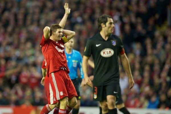 LIVERPOOL, ENGLAND - Thursday, April 29, 2010: Liverpool's captain Steven Gerrard MBE rues a missed chance against Club Atletico de Madrid during the UEFA Europa League Semi-Final 2nd Leg match at Anfield. (Photo by: David Rawcliffe/Propaganda)