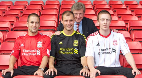 LIVERPOOL, ENGLAND - Tuesday, July 27, 2010: Liverpool FC's new signings Joe Cole, Danny Wilson and Milan Jovanovic with manager Roy Hodgson during a photo-call at Anfield. (Pic by David Rawcliffe/Propaganda)