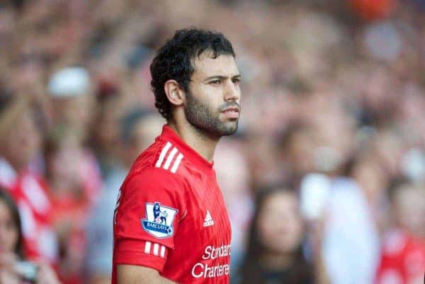 LIVERPOOL, ENGLAND - Sunday, August 15, 2010: Liverpool's Javier Mascherano during the Premiership match against Arsenal at Anfield. (Pic by: David Rawcliffe/Propaganda)