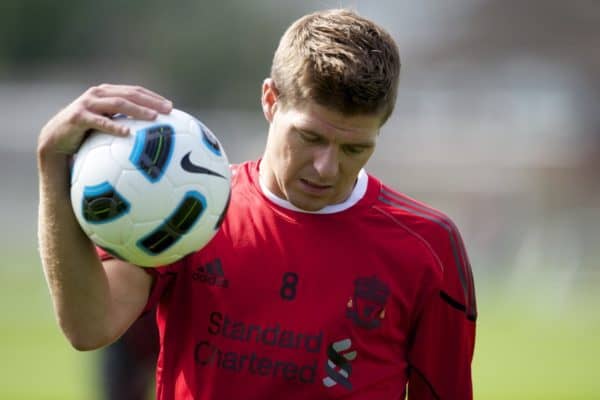 LIVERPOOL, ENGLAND - Wednesday, August 18, 2010: Liverpool's captain Steven Gerrard MBE during a training session at Melwood ahead of the UEFA Europa League Play-Off 1st Leg match against Trabzonspor A.S. (Pic by: David Rawcliffe/Propaganda)