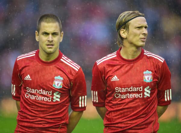 LIVERPOOL, ENGLAND - Thursday, August 19, 2010: Liverpool's new signings Joe Cole and Christian Poulsen before the UEFA Europa League Play-Off 1st Leg match against Trabzonspor at Anfield. (Pic by: David Rawcliffe/Propaganda)