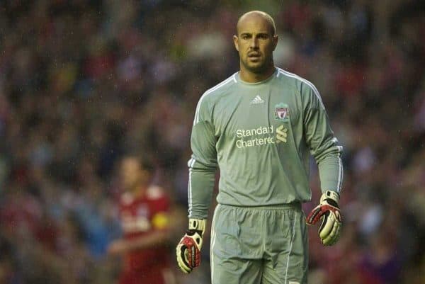 LIVERPOOL, ENGLAND - Thursday, August 19, 2010: Liverpool's goalkeeper Pepe Reina in action against Trabzonspor during the UEFA Europa League Play-Off 1st Leg match at Anfield. (Pic by: David Rawcliffe/Propaganda)