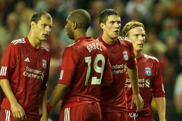 LIVERPOOL, ENGLAND - Thursday, August 19, 2010: Liverpool's Milan Jovanovic, Ryan Babel, Martin Kelly and Christian Poulsen form a defensive wall during the UEFA Europa League Play-Off 1st Leg match against Trabzonspor at Anfield. (Pic by: David Rawcliffe/Propaganda)