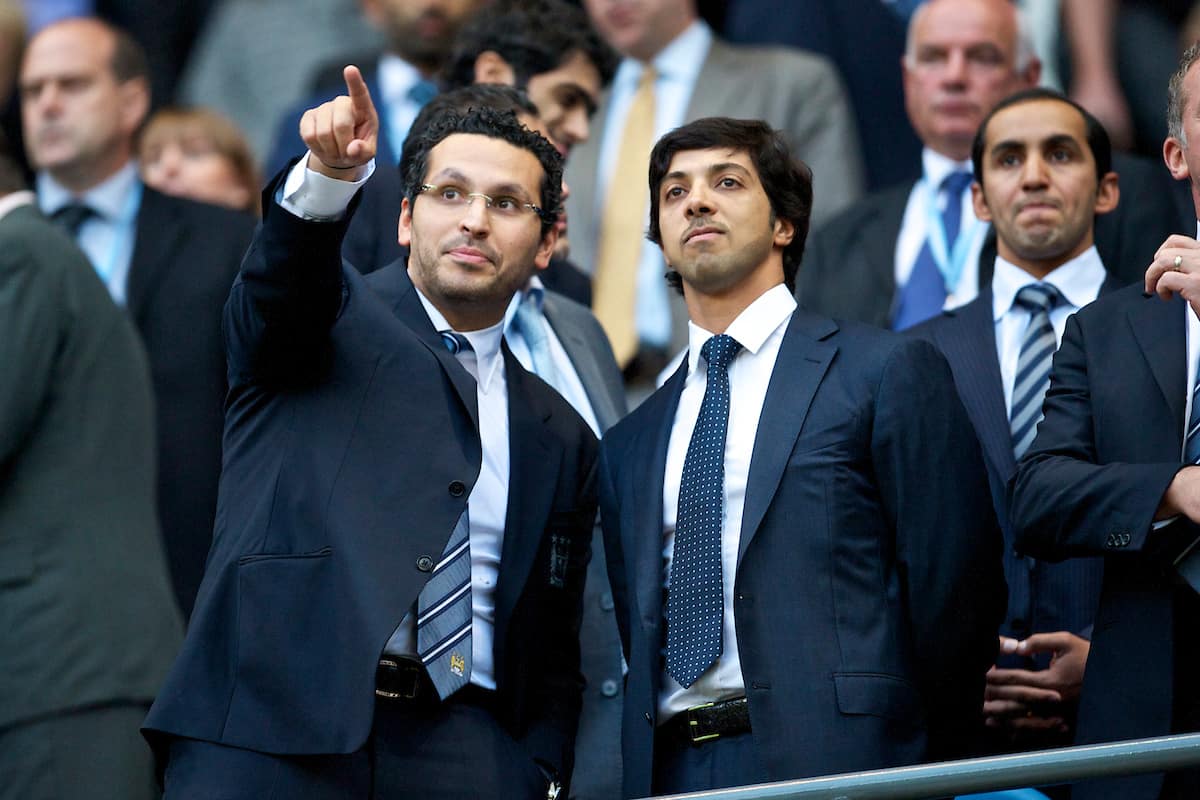 MANCHESTER, ENGLAND - Monday, August 23, 2010: Manchester City's Chairman Khaldoon Al Mubarak (L) with Owner Sheikh Mansour bin Zayed al Nahyan sees his side take on Liverpool in his first ever Premiership match at the City of Manchester Stadium. (Photo by David Rawcliffe/Propaganda)