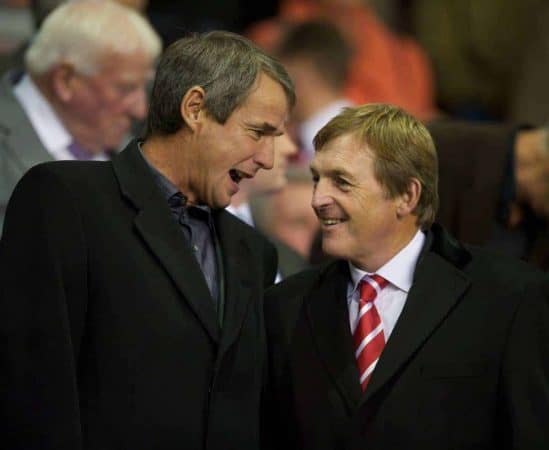 LIVERPOOL, ENGLAND - Thursday, September 16, 2010: Former Liverpool players Alan Hansen and Kenny Dalglish during the opening UEFA Europa League Group K match against FC Steaua Bucuresti at Anfield. (Photo by David Rawcliffe/Propaganda)