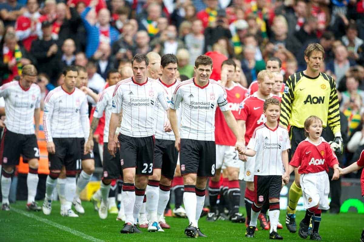 MANCHESTER, ENGLAND - Sunday, September 19, 2010: Liverpool's captain Steven Gerrard MBE leads his side out for the Premiership match against Manchester United at Old Trafford. (Photo by David Rawcliffe/Propaganda)