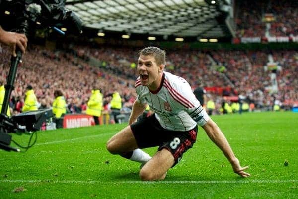 MANCHESTER, ENGLAND - Sunday, September 19, 2010: Liverpool's captain Steven Gerrard MBE celebrates scoring his, and side's, second goal against Manchester United during the Premiership match at Old Trafford. (Photo by David Rawcliffe/Propaganda)