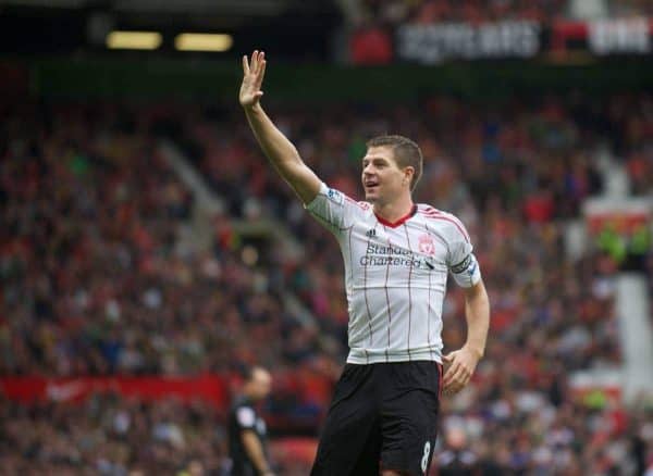 MANCHESTER, ENGLAND - Sunday, September 19, 2010: Liverpool's captain Steven Gerrard MBE celebrates scoring his, and side's second goal against Manchester United during the Premiership match at Old Trafford. (Photo by David Rawcliffe/Propaganda)