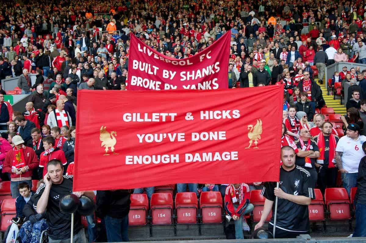 LIVERPOOL, ENGLAND - Saturday, September 25, 2010: Liverpool's supporters on the Spion Kop display a banner reading "Gilett & Hicks You've Done Enough Damage" before the Premiership match at against Sunderland Anfield. (Photo by David Rawcliffe/Propaganda)