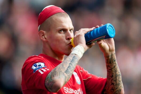 LIVERPOOL, ENGLAND - Saturday, September 25, 2010: Liverpool's Martin Skrtel takes a drink during the Premiership match against Sunderland at Anfield. (Photo by David Rawcliffe/Propaganda)