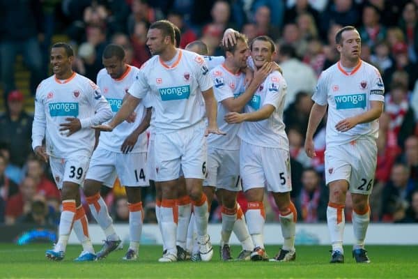LIVERPOOL, ENGLAND - Sunday, October 3, 2010: Blackpool's Luke Varney celebrates with team-mates DJ Campbell, Elliot Grandin, Ian Evatt, Neal Eardley and captain Charlie Adam after scoring his side's second goal against Liverpool during the Premiership match at Anfield. (Photo by David Rawcliffe/Propaganda)