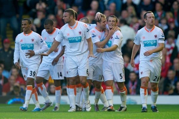 LIVERPOOL, ENGLAND - Sunday, October 3, 2010: Blackpool's Luke Varney celebrates with team-mates DJ Campbell, Elliot Grandin, Ian Evatt, Neal Eardley and captain Charlie Adam after scoring his side's second goal against Liverpool during the Premiership match at Anfield. (Photo by David Rawcliffe/Propaganda)