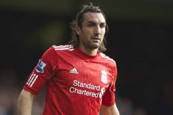 LIVERPOOL, ENGLAND - Sunday, October 17, 2010: Liverpool's Sotirios Kyrgiakos in action against Everton during the 214th Merseyside Derby match at Goodison Park. (Photo by David Rawcliffe/Propaganda)